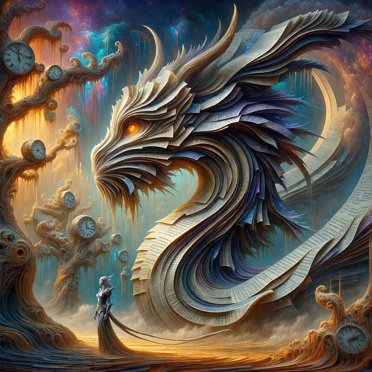 The primary subject of the image is a woman standing in front of a large, intricate dragon. The dragon is made of books and appears to be a part of a surreal, artistic scene. The setting is a forest, with trees visible in the background. The visual style is a combination of digital art and illustration, creating a unique and captivating image. The dominant colors are a mix of earthy tones and vibrant hues, giving the scene a surreal and dreamlike atmosphere.